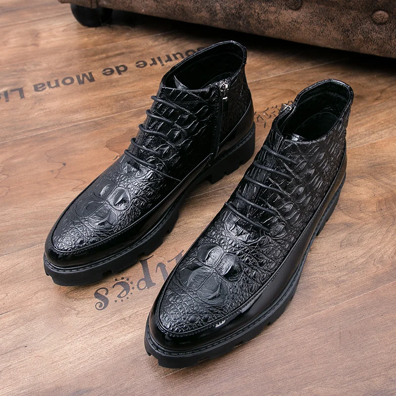 2024 New Casual Crocodile Pattern Short Boots Fashion Men Black Ankle Boots Business Dress Leather Boots Thick Bottom Winter