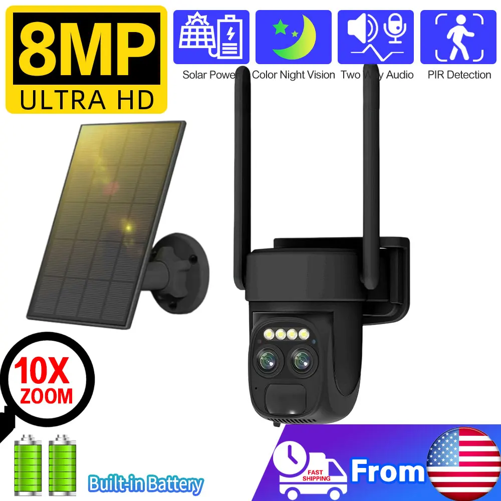 Outdoor 8MP WiFi PTZ Solar Camera 4K Dual Lens with 10x Zoom  Auto Tracking & Wireless CCTV Surveillance Using O-Kam App