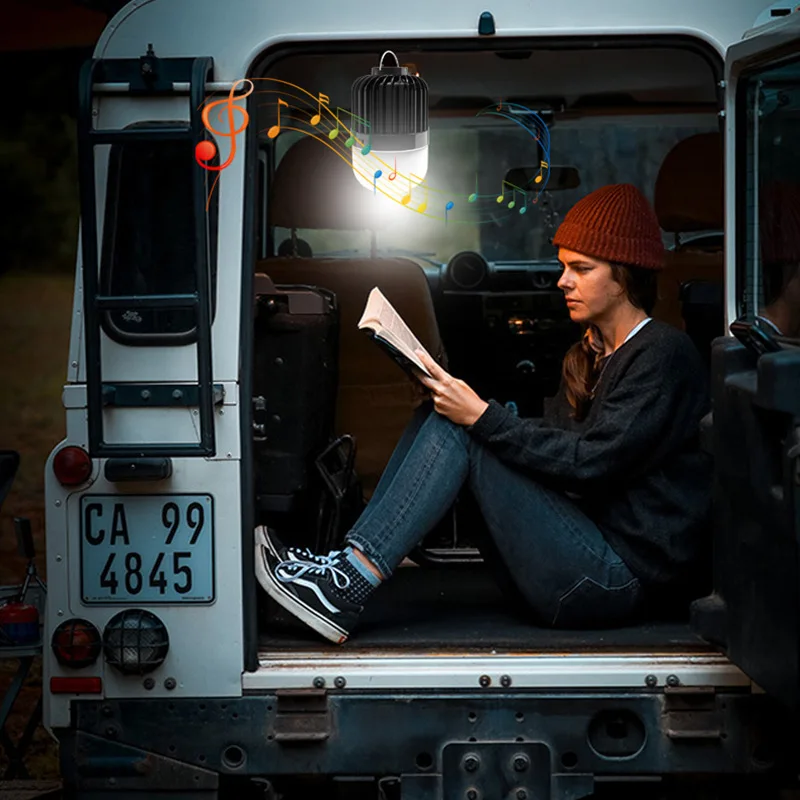 Luces de Camping al aire libre con altavoces Bluetooth, función de salida, lámpara de tienda de campaña con batería recargable 18650, linternas de emergencia portátiles