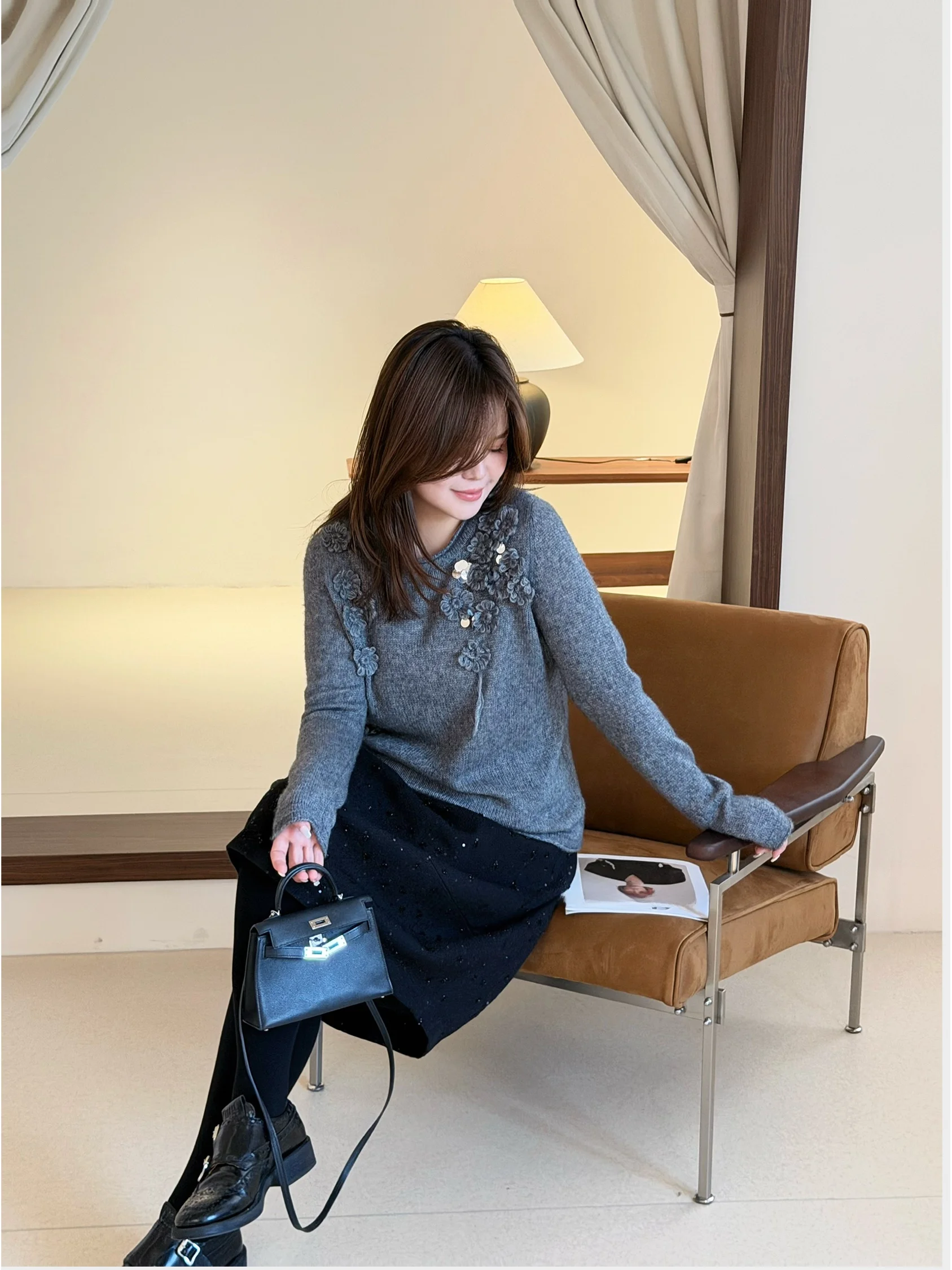 Handmade Flower Lacey Wool Camere Sweater with Beads Roll Casual Sle Women's Knitwear Soft Cotton Polyester Silk