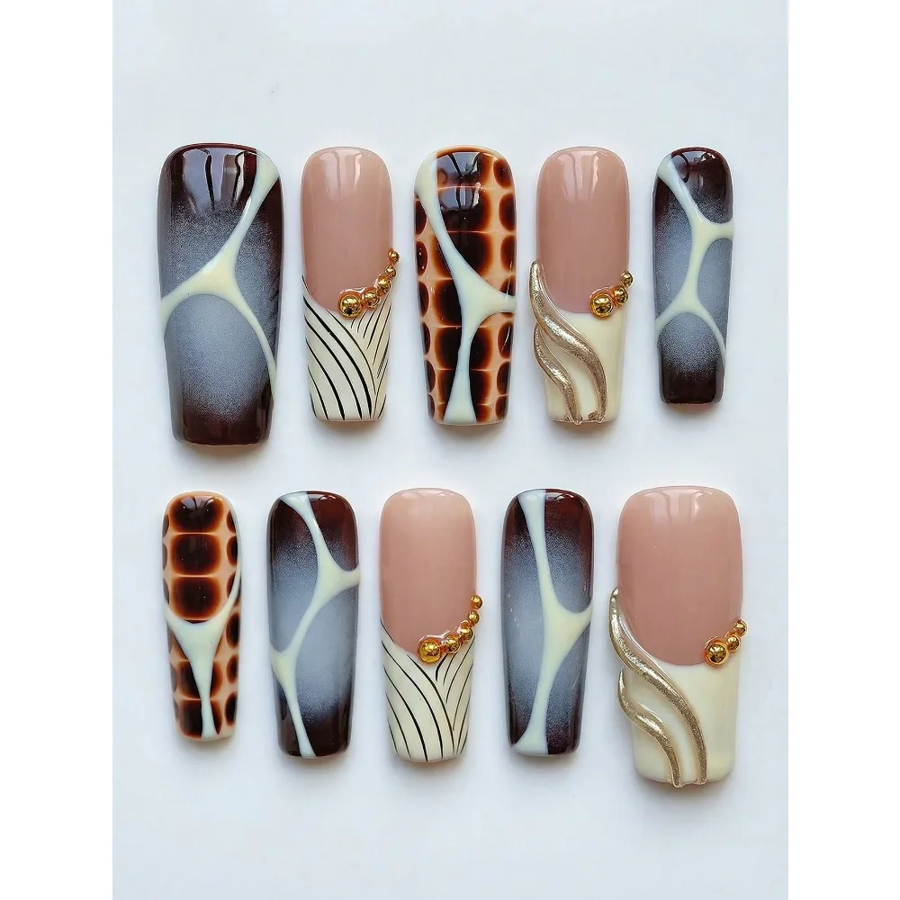 

10pcs Handmade Rectangular Y2K/Grunge Style Nail Stickers, Brown Abstract Animal Print And Gold Swirl Pattern, Gray Smooth Lines, Removable And Reusable Nail Art Set (Includes Gel Polish And Nail File) Press On Nails