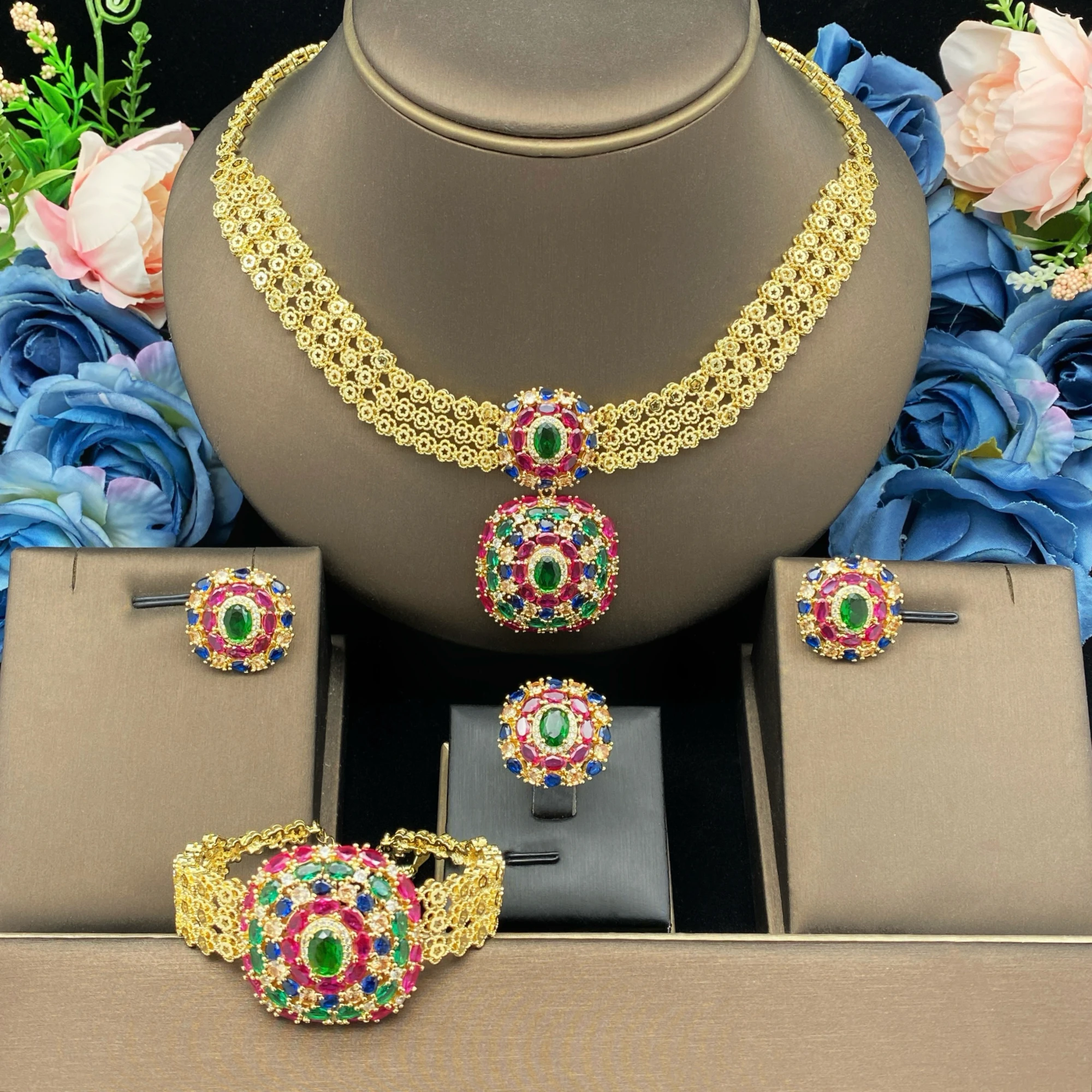 JRH High Quality Luxury Women's Jewelry Set Necklace Earrings Ring Bangle Colorful Zirconia Jewelry Set  Wedding Party Favor Set