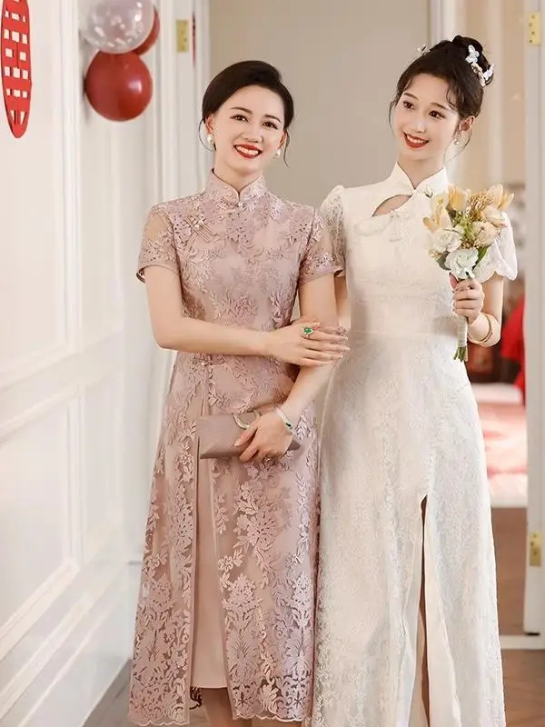 

Young Mom Wedding Dr Lace Mid-Length A-Line Skirt ort Sve Simple Sle Polyester Fiber Wedding Gown