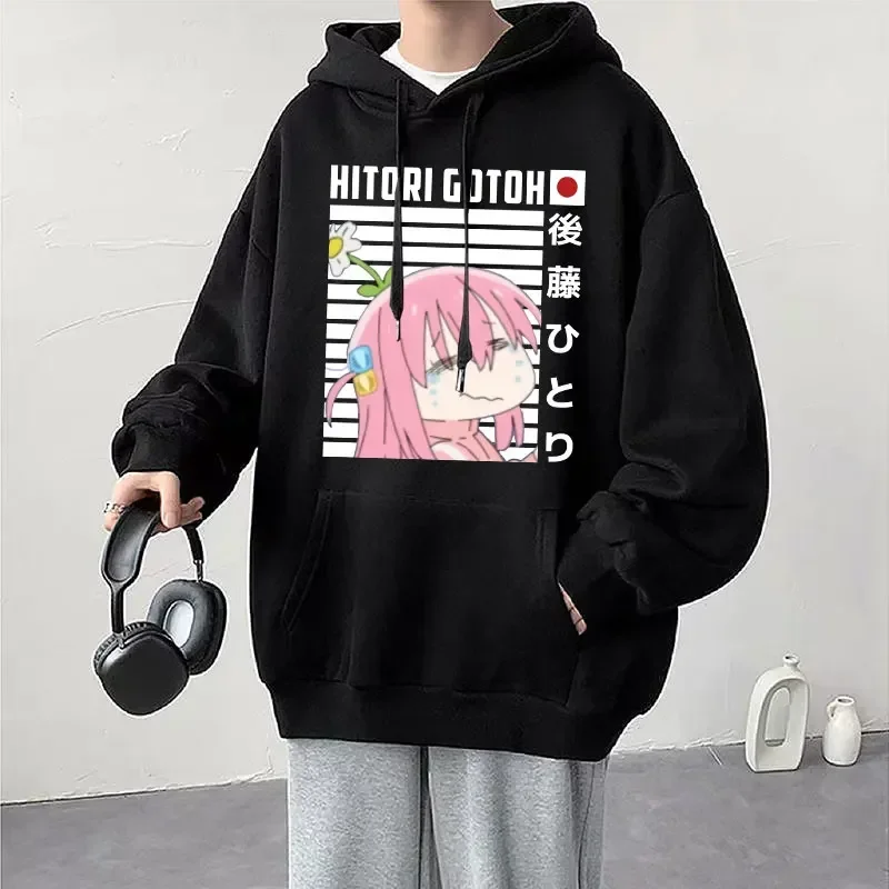 Retro Bocchi The Rock! Hitori Gotoh Hoodie Anime Portrait Print Unisex Fleece Long Sleeve Casual Streetwear Pullover Sweatshirt