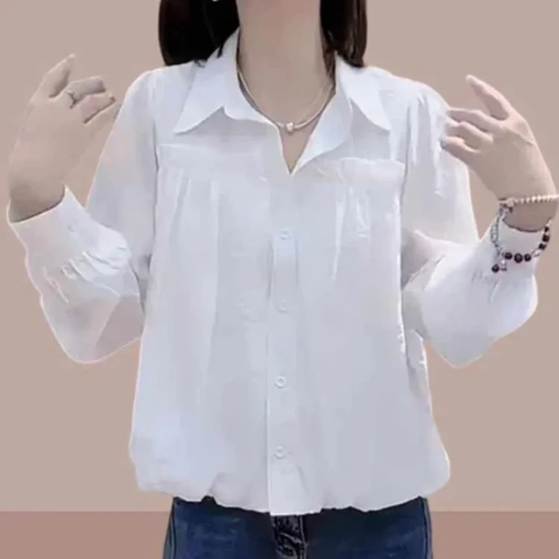 

White Long Sleeve Button Down Shirt For Women Classic Casual Loose Fit With Pockets Turn Down Collar Spring Autumn Wear