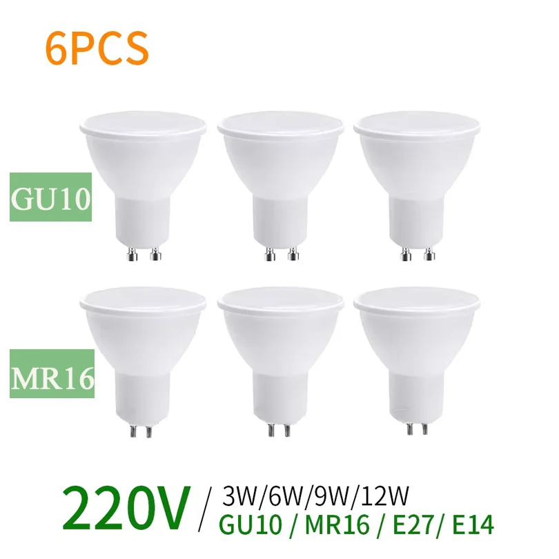 6 個 GU10 Led 電球ライト 220V MR16 コーンランプ E27 スポットライト LED ボンビージャランパラ E14 電球家庭用照明 3 ワット 6 ワット 9 ワット 12 ワット LED 電球