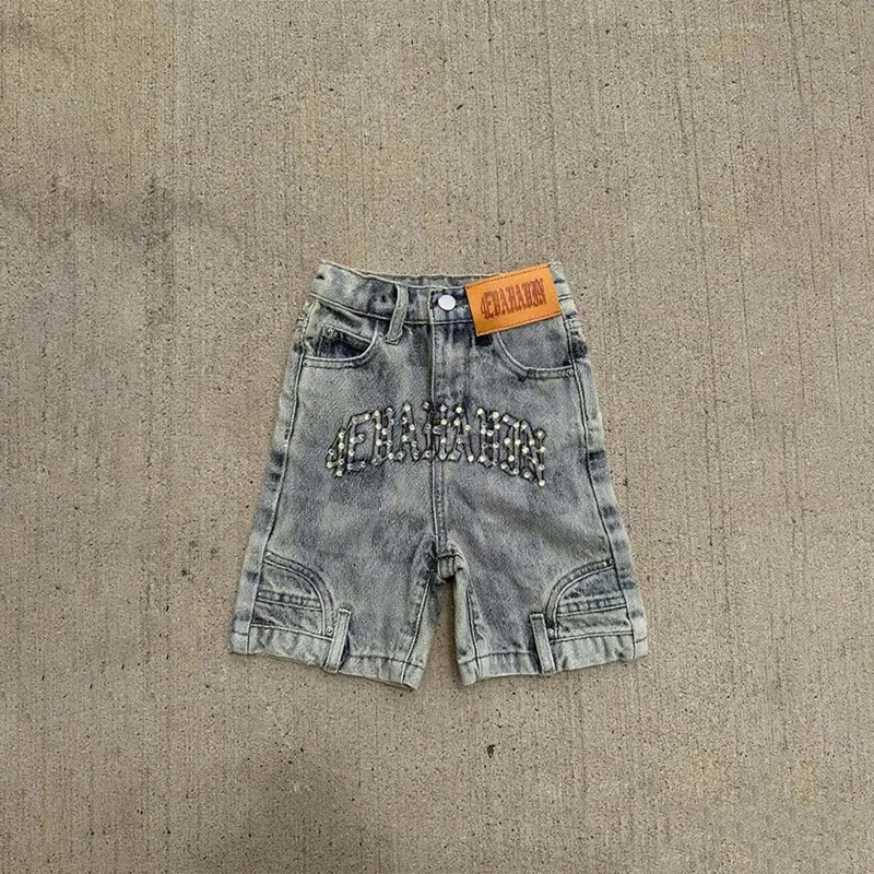 

Y2K Vintage Washed Jeans Pearl Letter Decoration High Waist Distressed Denim Shorts Casual Men Women Hip Hop Fashion Streetwear