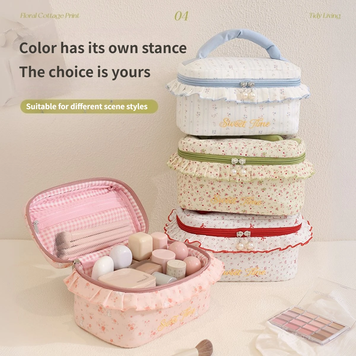 C Sweet Floral Ruffle Makeup Case Sweet Time Embroidery Handheld Cosmetic Bag Large Capacity Travel Toiletry Organizer For Girls