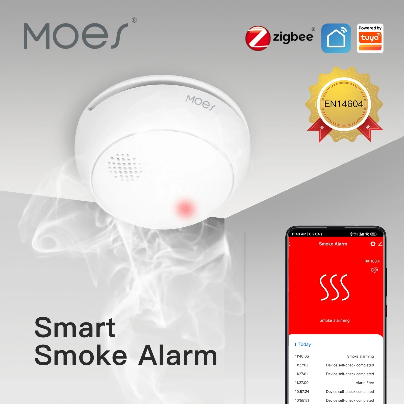 moes zigbee inteligente detector de fumaca sem fio alarme de som de incendio sensor de sirene 85db sensor protecao de seguranca casa cozinha fogo app alerta 01