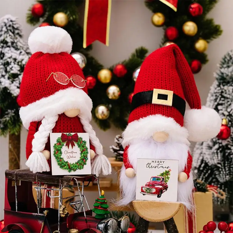 Decoração do Gnome do Natal com chapéu feito malha, ornamento Faceless da boneca, tomte sueco com placa do Xmas, material do partido, casa, decoração interior do carro
