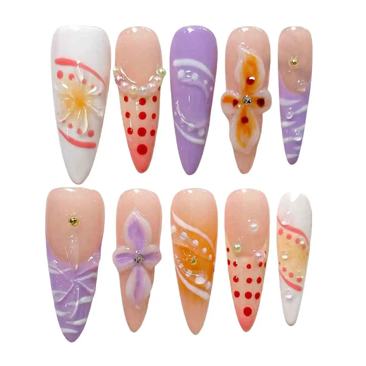 10pcs/Set Handmade Long Thin High-heeled Finger Nails ，Y2K Nails，Macaron French Hand-Painted Carved Pearl Decorated Fake Nails view 4