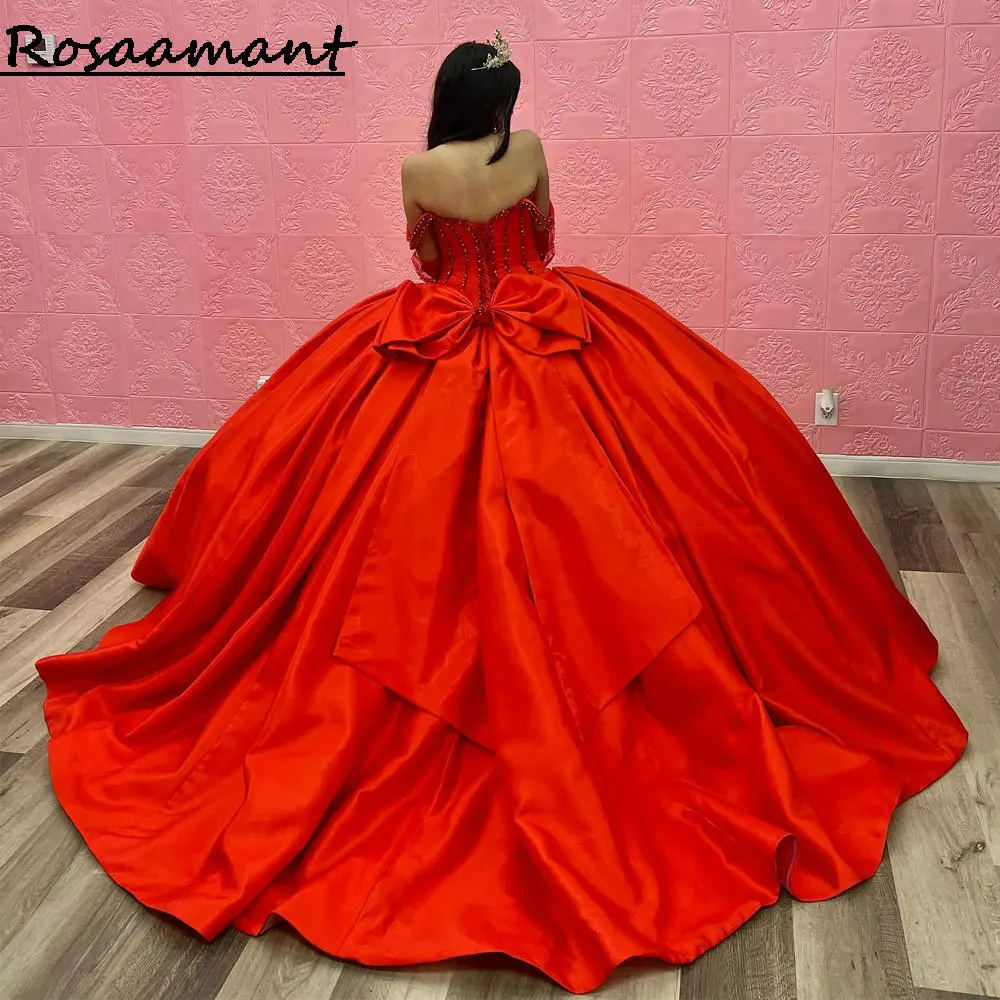 Red Pearls Beading Satin Quinceanera Dresses Off The Shoulder Bow Corset Vestidos De 15 Años(Not Including Gloves)