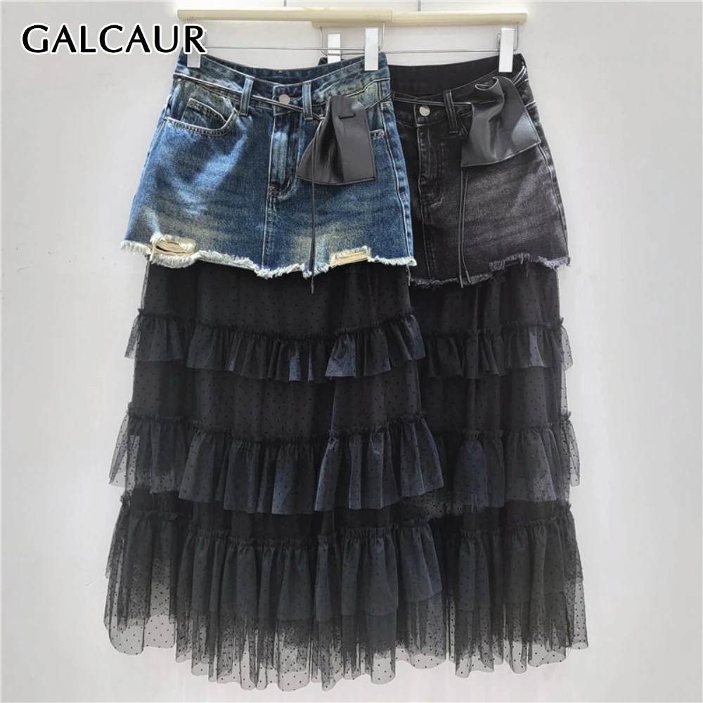 

TWOTWINSTYLE Solid Spliced Dot Printing Mesh Distressed Skirt Female High Waist Slimming Retro Women's Long Skirts Style Fashion
