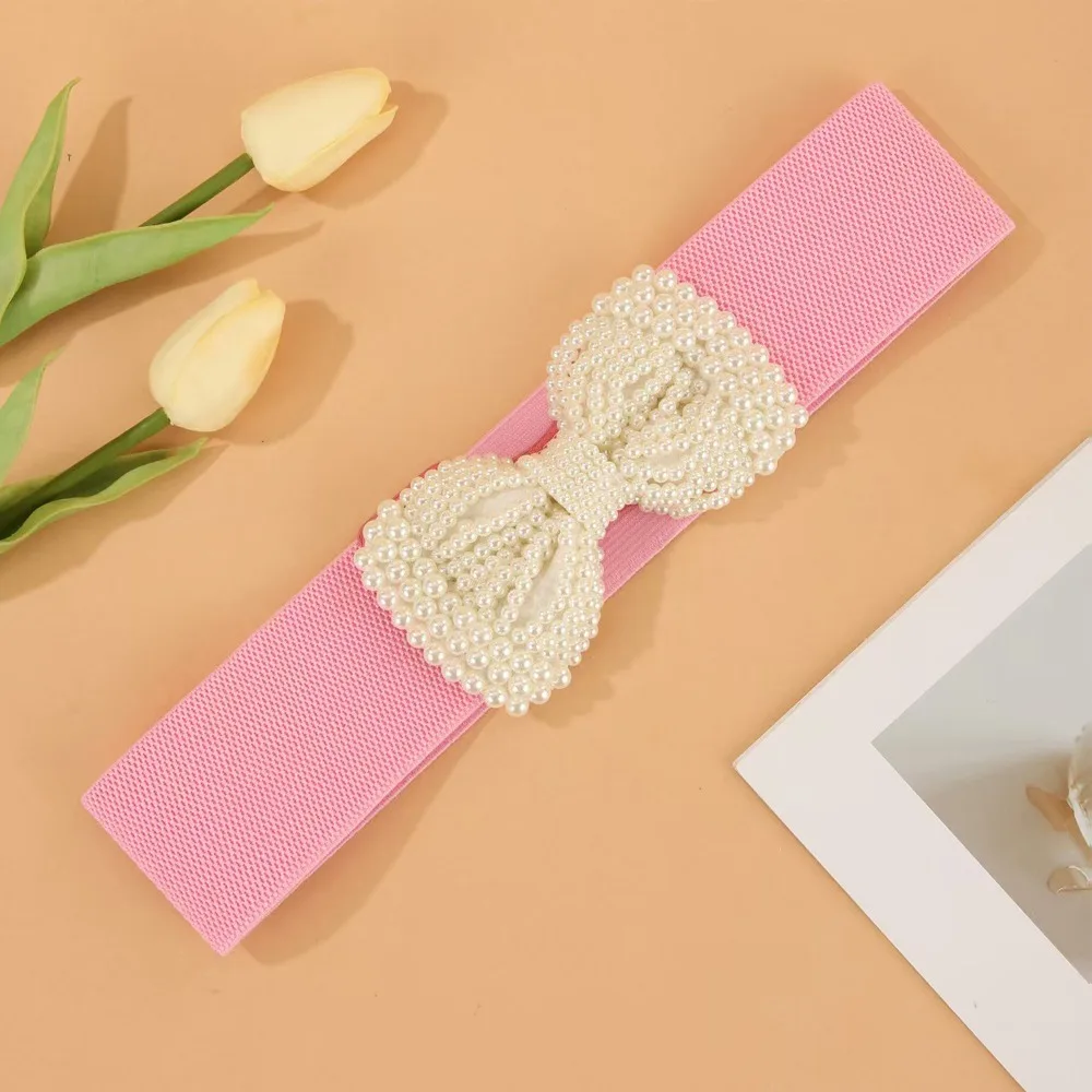Exquisite Stretch Waistband Pearl Bow Wide Waist Strap Casual Waist Belts Clothing Decoration
