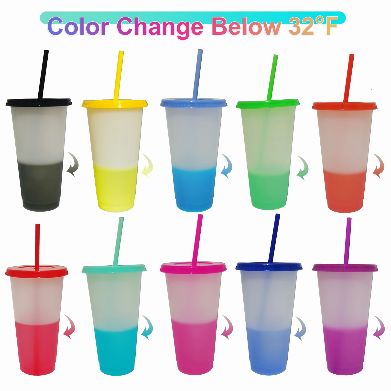 10/20/30 Pack Color Changing Plastic Cup With Lid And Straw, 24oz Iced Coffee Tea Smoothie Cup, Reusable Large Cup, Suitable Adults, Women, Party, Fit Parties, Halloween, Valentine's Day, New Year Surprise Parties, Birthday Party Supplies