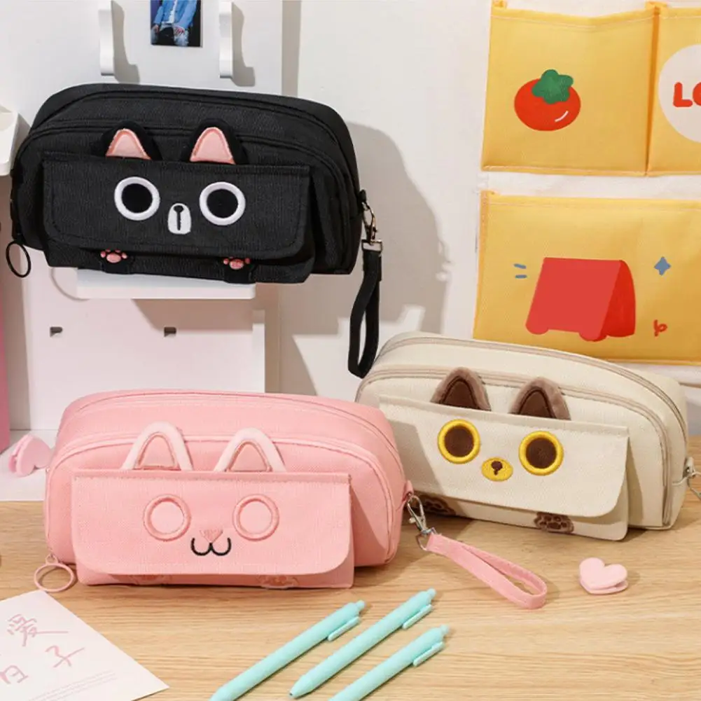 3d Cat Ears Pencil Pouch Cute Cartoon Cat Pencil Case with Capacity Multi-pocket Organizer Kitten Design Stationery Bag for Kids