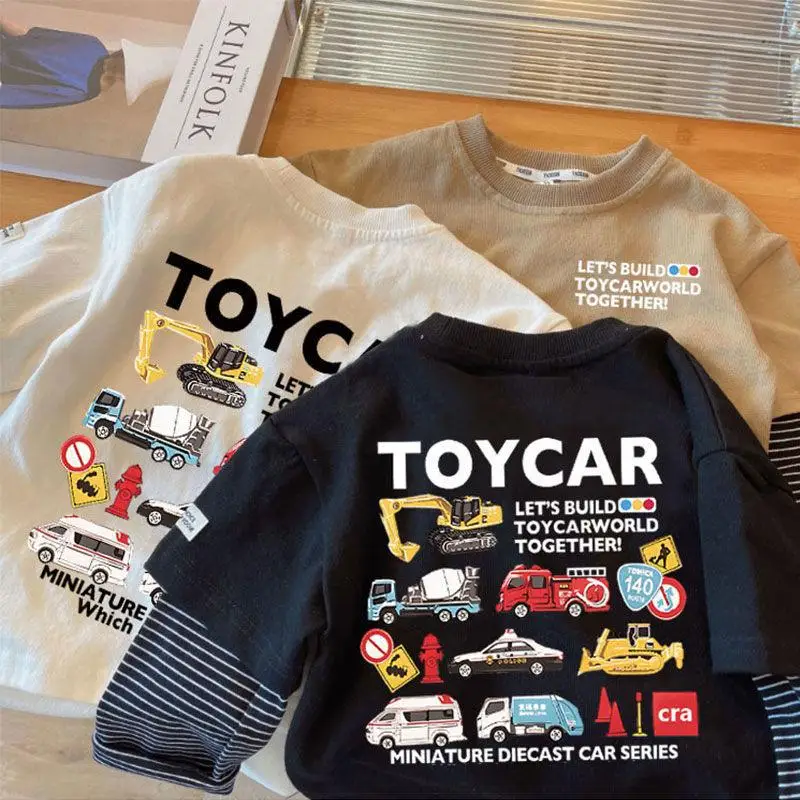 Korean Autumn Kid Boy Fake Two Piece Top Graffiti Striped Long Sleeve Babys Boy Shirt Casual Round Collar Toddler Boy Undershirt