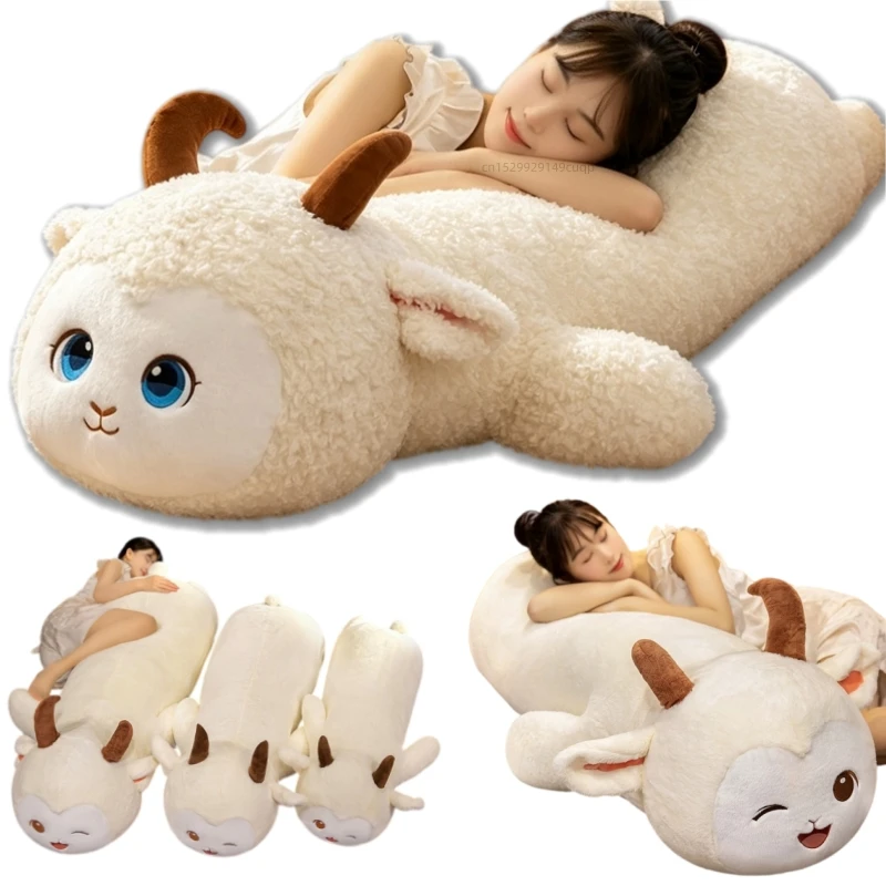 110cm Cartoon Long Strip Lying Sheep Plush Doll Pillow Cushion Adorable White Teddy Cashmere Goat Stuffed Animal Home Decoration