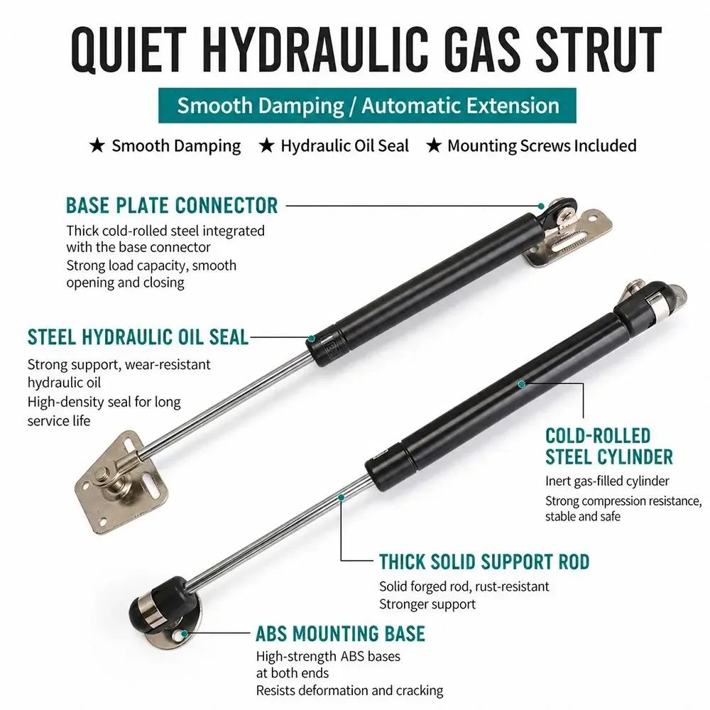 1Pair ABS Head Iron Copper Gas Spring Shock Strut 1.5cm Shaft Diameter 20N-200N Pressure Lift Support Strut Flat Base Black