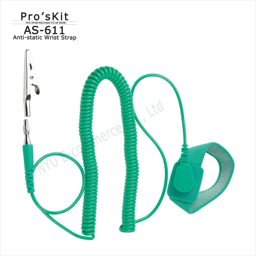 Pro'sKit 3M สายสีเขียว Anti-Static สายรัดข้อมือ AS-611ปลั๊กยาง + จระเข้ Collet TPR ยืดหยุ่นพลาสติก Anti-Static สร้อยข้อมือ