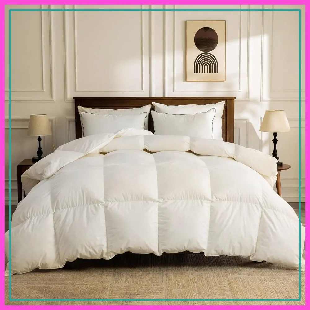 

Organic Feather Down Comforter Oversized King, Hotel-Luxury Fluffy Duvet Insert with Cotton Cover, All-Season, Ivory White, 120x98 Inches