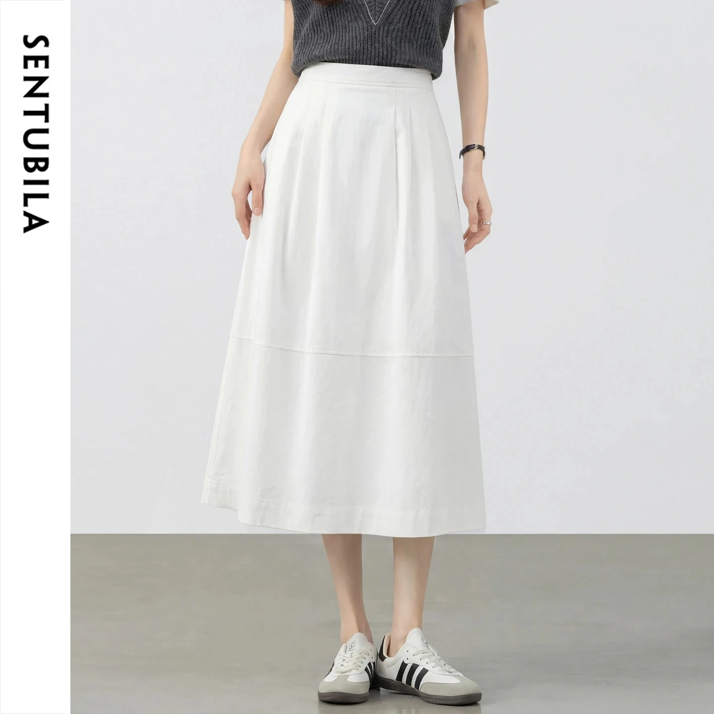 SENTUBILA Women High Waist A-Line Midi Skirt 2026 Summer New White Pleated Flared Elastic Waist Casual Slimming Skirt 161QG6484X