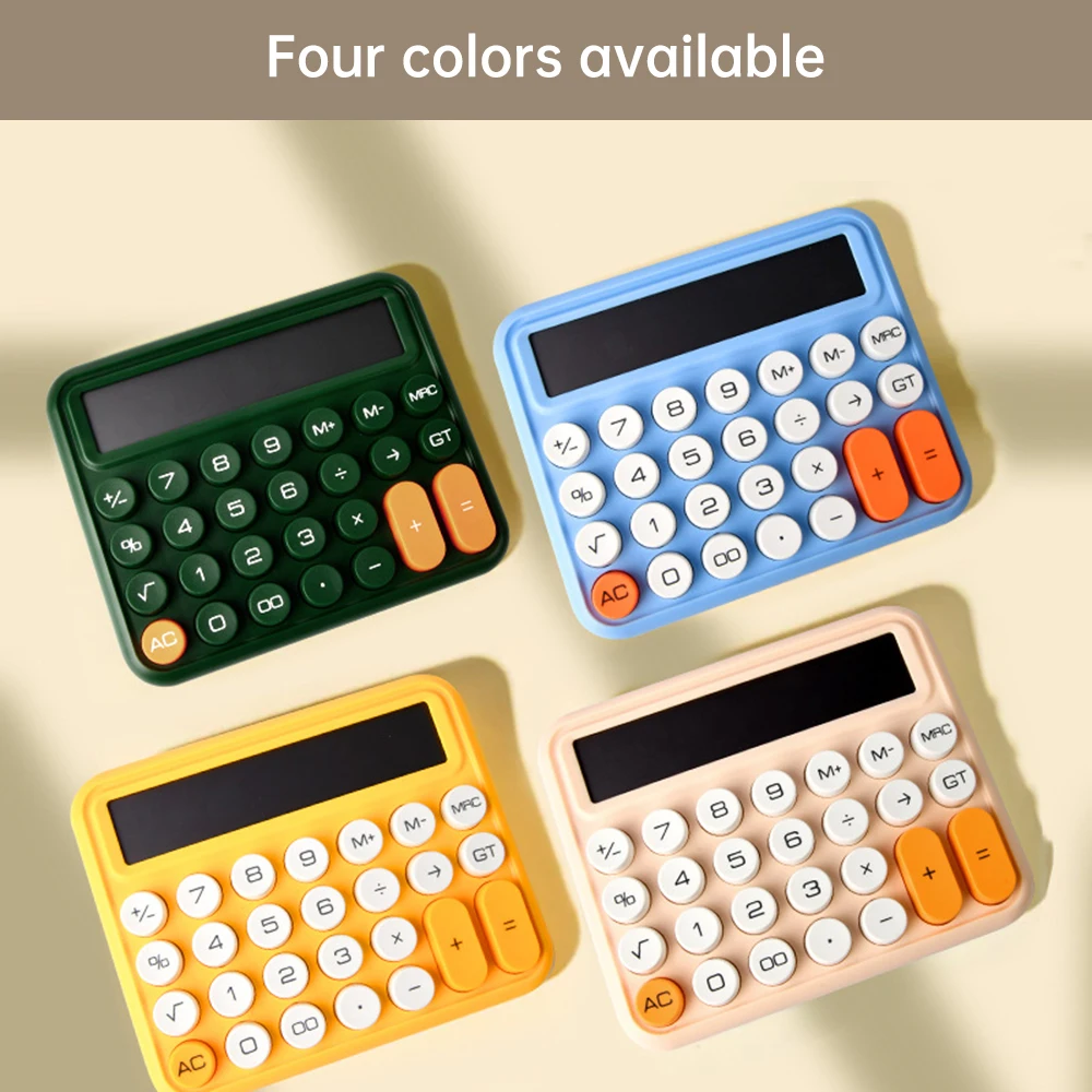 Calculadora bonita con pantalla LCD grande de 12 dígitos, botón redondo mecánico, gradiente de color caramelo, calculadora de energía con batería