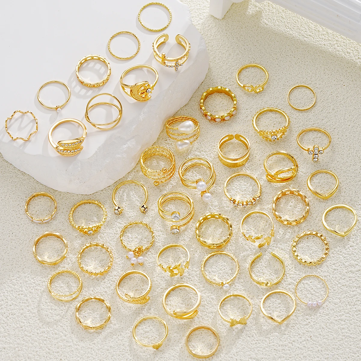 الذهب اللون زهرة اللؤلؤ ورقة تصميم المعادن المفصل خواتم مجموعة الإبداعية هندسية المشتركة خواتم للنساء مجوهرات حفلات الزفاف اليومية #4