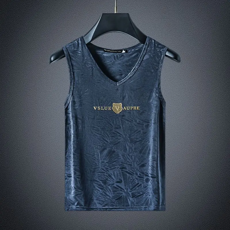

Men's Summer Vest Wide Shoulder Ice Silk Dark Flower Sports Fitness Sleeveless Vest Top Men's Clothing