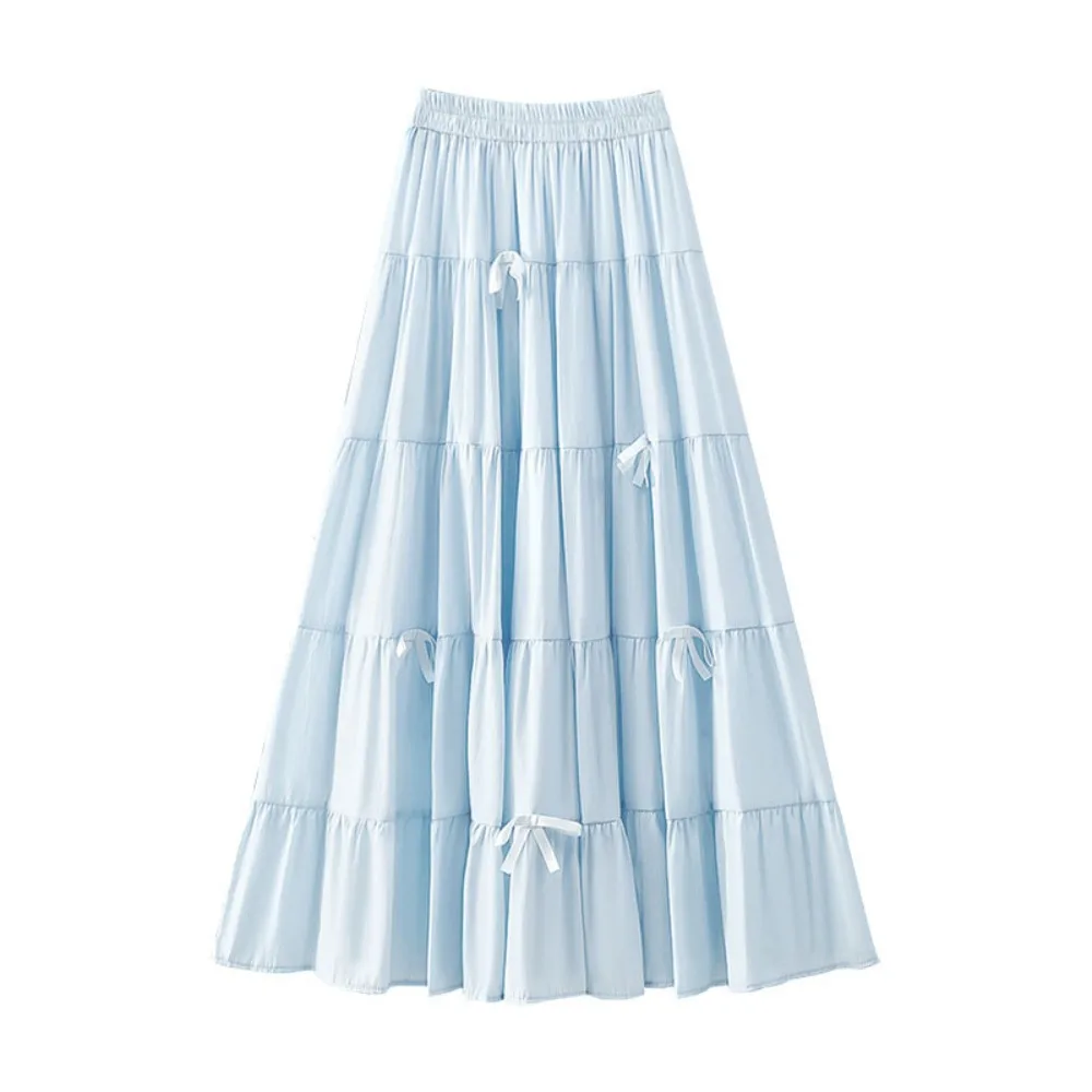

Fashion Bowknot Tiered Midi Skirt Hight Waist Solid Color Long Cake A-line Skirts Pleated Chic Seven Point Long Dress Chic
