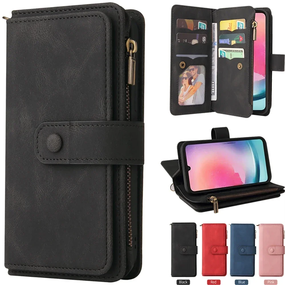 For Xiaomi Redmi Turbo3 Multi 15-Card Leather Zipper Wallet Case For Redmi 14C 13C 12C 10C 10A 9C A2 A1 Plus A3 K50 Gaming Cover