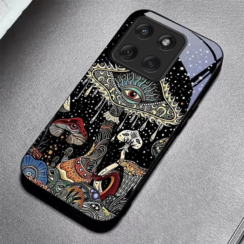 Magic Mushrooms Art Black Glass Phone Case For Motorola Moto Edge 70 60 Fusion 50 Ultra 40Neo 30 Pro 20Lite 60s 50Neo Back Cover view 4