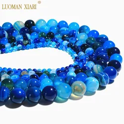 AAA+ Blue Stripe Onyx Agat  Natural Stone Beads For Jewelry Making Diy Bracelet Necklace 4/6/8/10/12 mm Wholesale Strand 15''