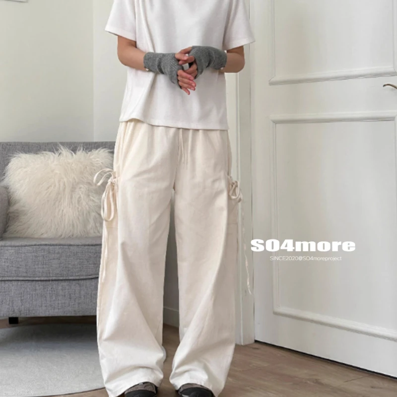 Vintage Bow Lace-up Pockets Casual Cargo Pants Women 2024 Spring New High Waist Solid Color All Match Pleated Wide Leg Pants