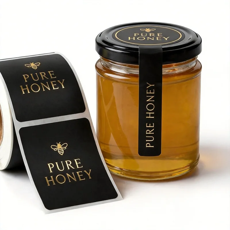 Customized synthetic paper waterproof gilding honey jar label, luxurious metal gold food packaging sticker, scratch resistant
