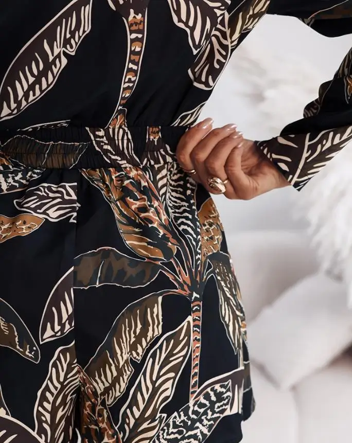 Jumpsuit Women's Fashion 2025 Spring/summer Tropical Print Notched Collar Long Sleeve Romper Casual Tied Detail Blazer Jumppsuit