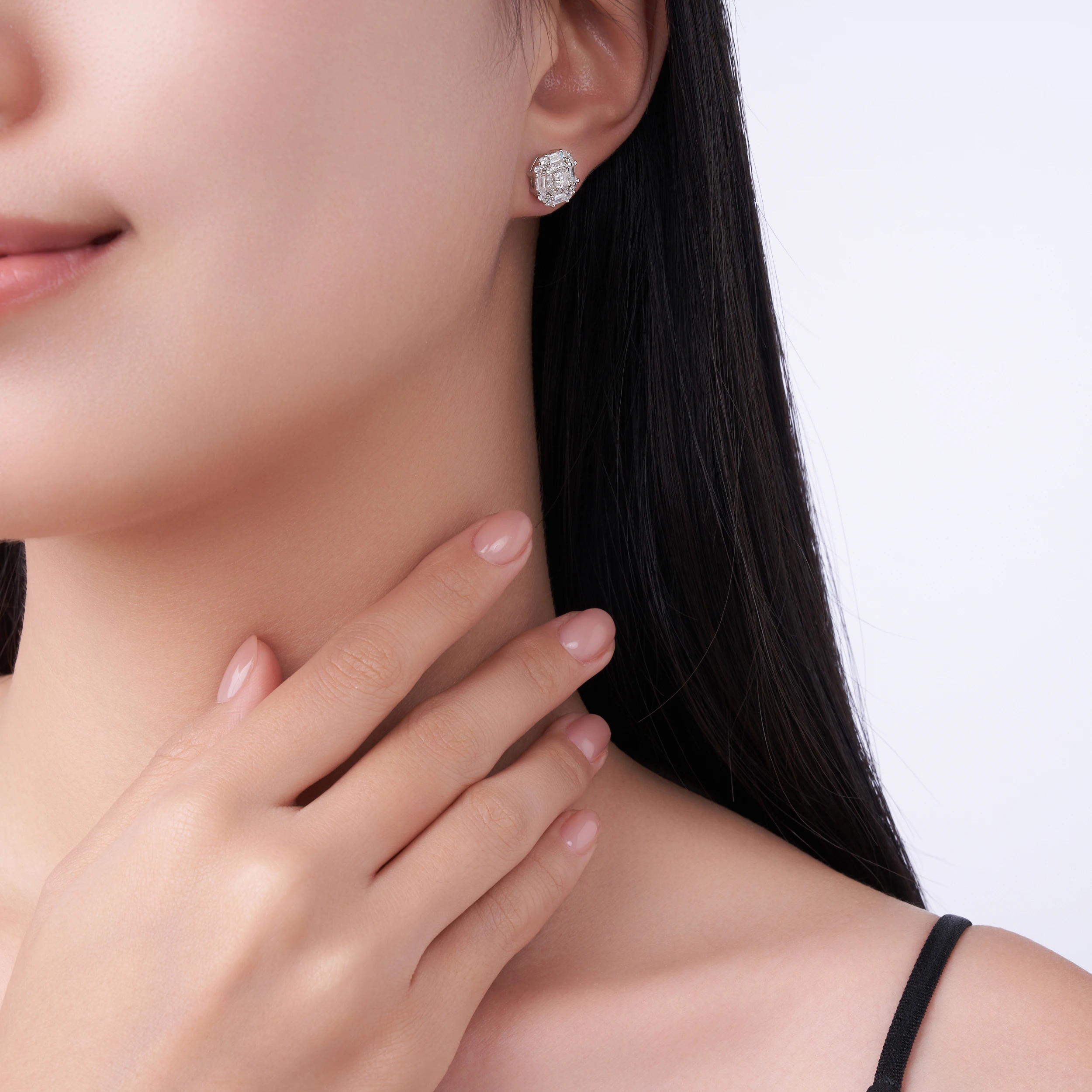 JIUZUAN S925 Sterling Silver Moissanite Stud Earrings for Women Vintage Emerald Cut Multi Layer Halo Design Elegant Jewelry