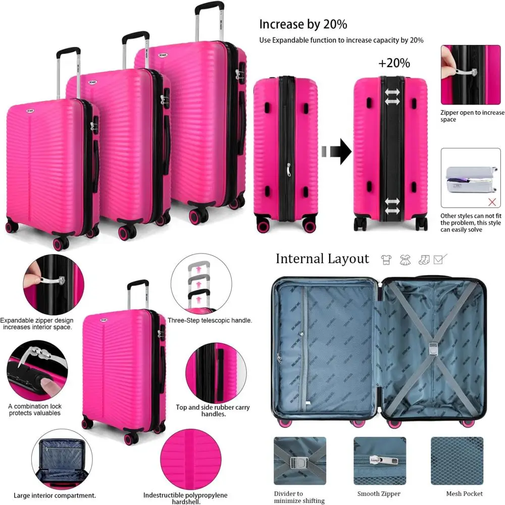 

"3-piece luggage set with spinner wheels: 20, 24, and 28 inch pink suitcases for secure travel"