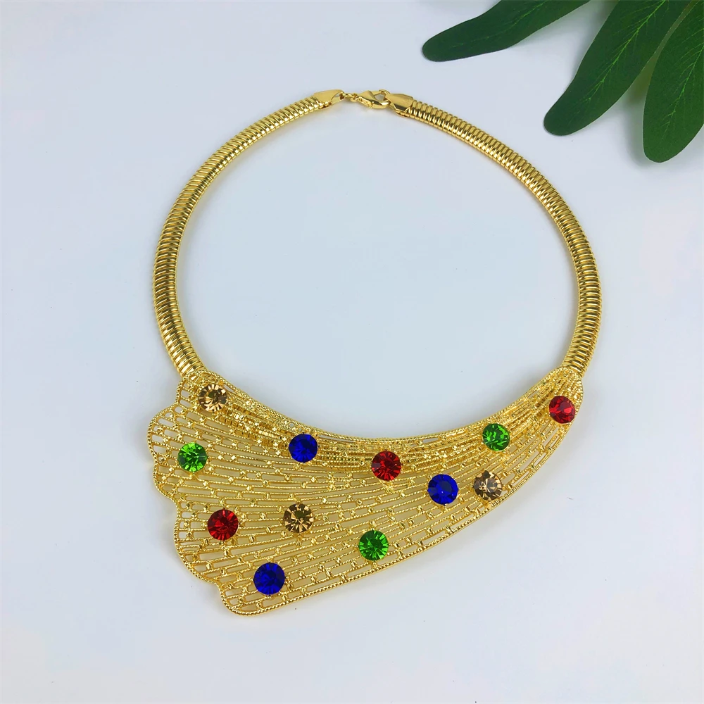 18K Gold Plated Jewelry Set Colorful Rhinestone Flower Necklace Earrings Bracelet Ring Women African Bridal Wedding Party Gifts