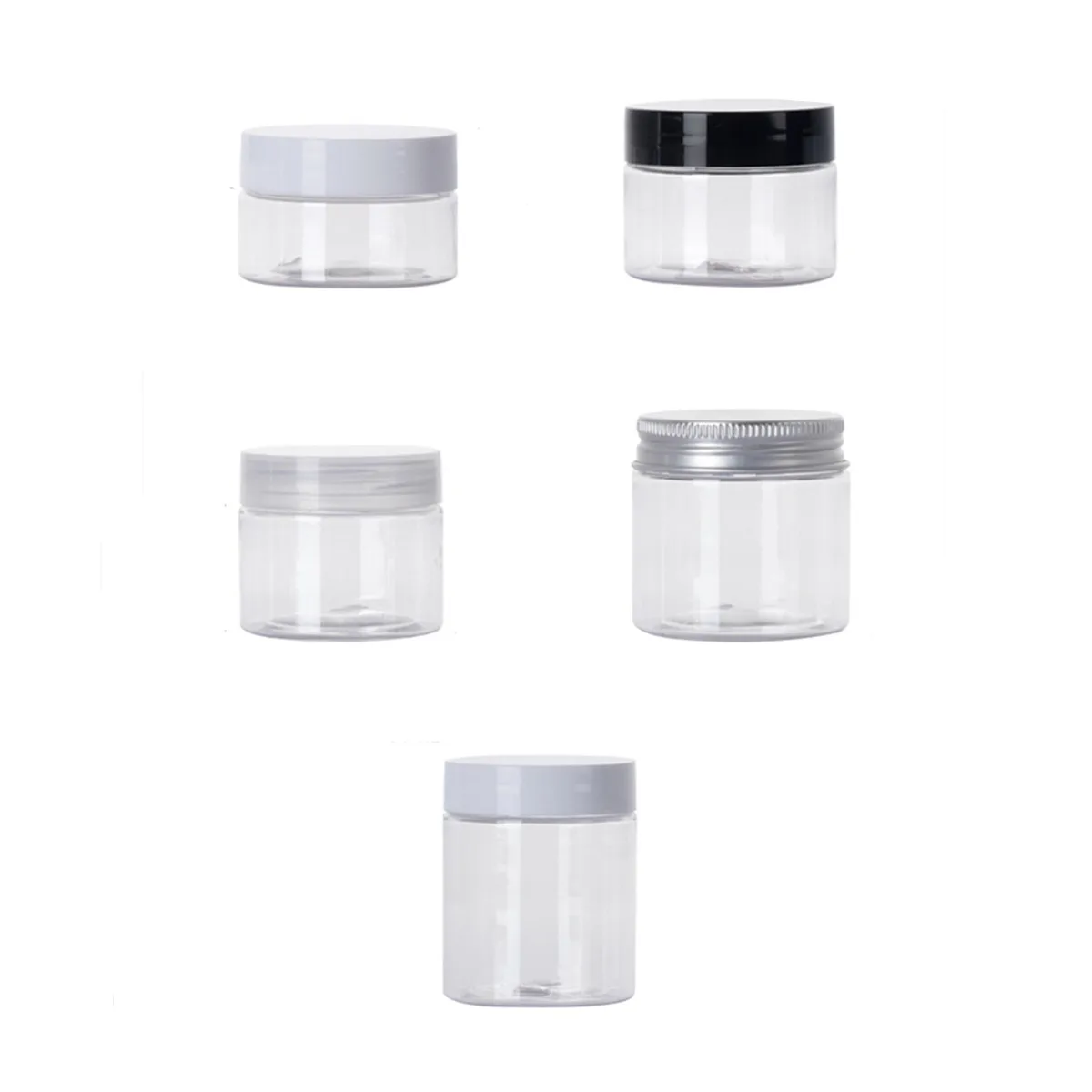 Tarro redondo de plástico PET de 50/100/120g 150/180/200/250/300ml 4oz 8oz con tapa/tapa de rosca de aluminio/plástico para envase de cosméticos.