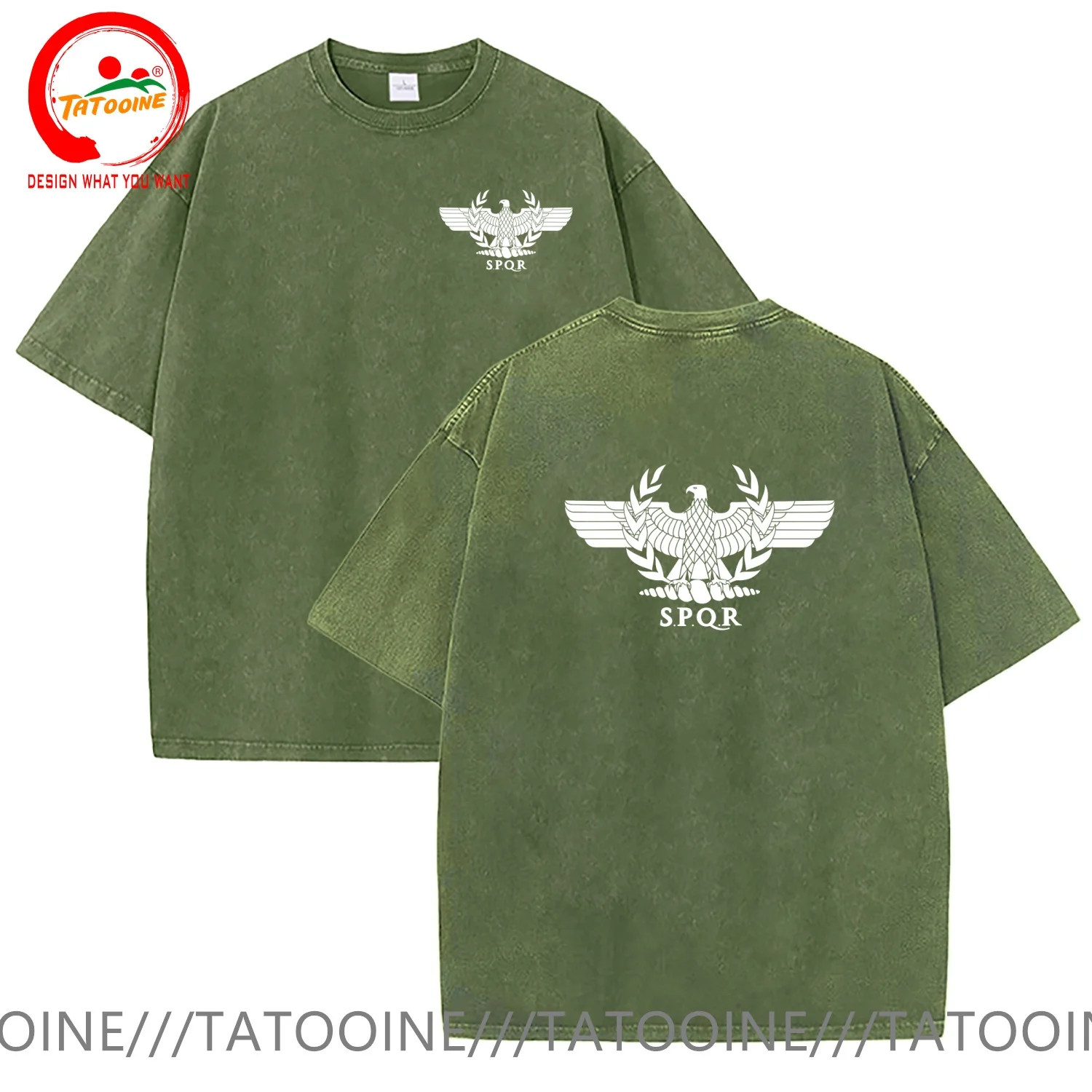 Vintage Washed Cotton T-Shirt Funny Designer S.P.Q.R. Roman Eagle Logo Vector Illustration T Shirt Men Fashion Trendy Casual