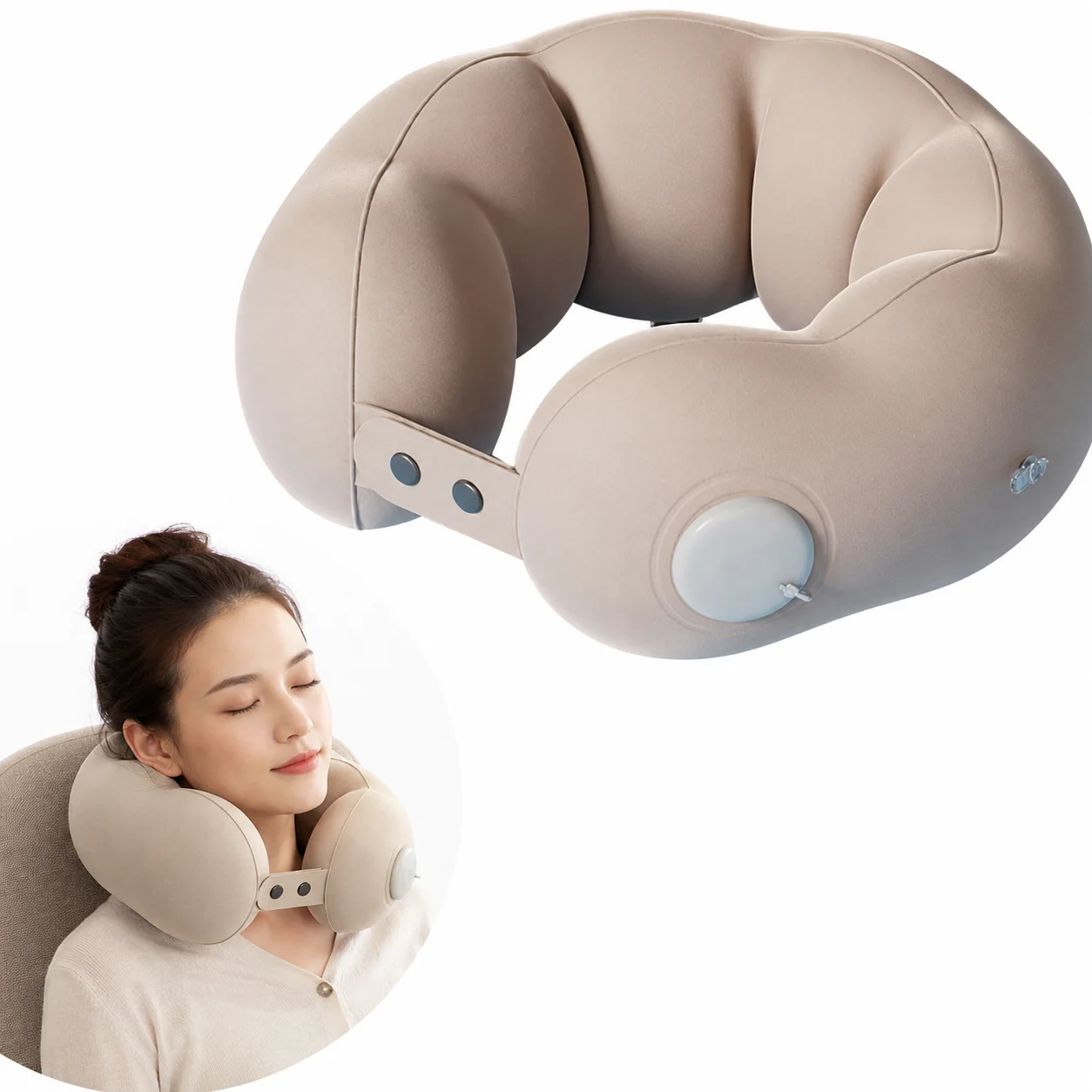 Portable Self Inflating U Shape Inflatable Neck Pillow With Adjustable Snap Button For Airplane Car Train Office Rest