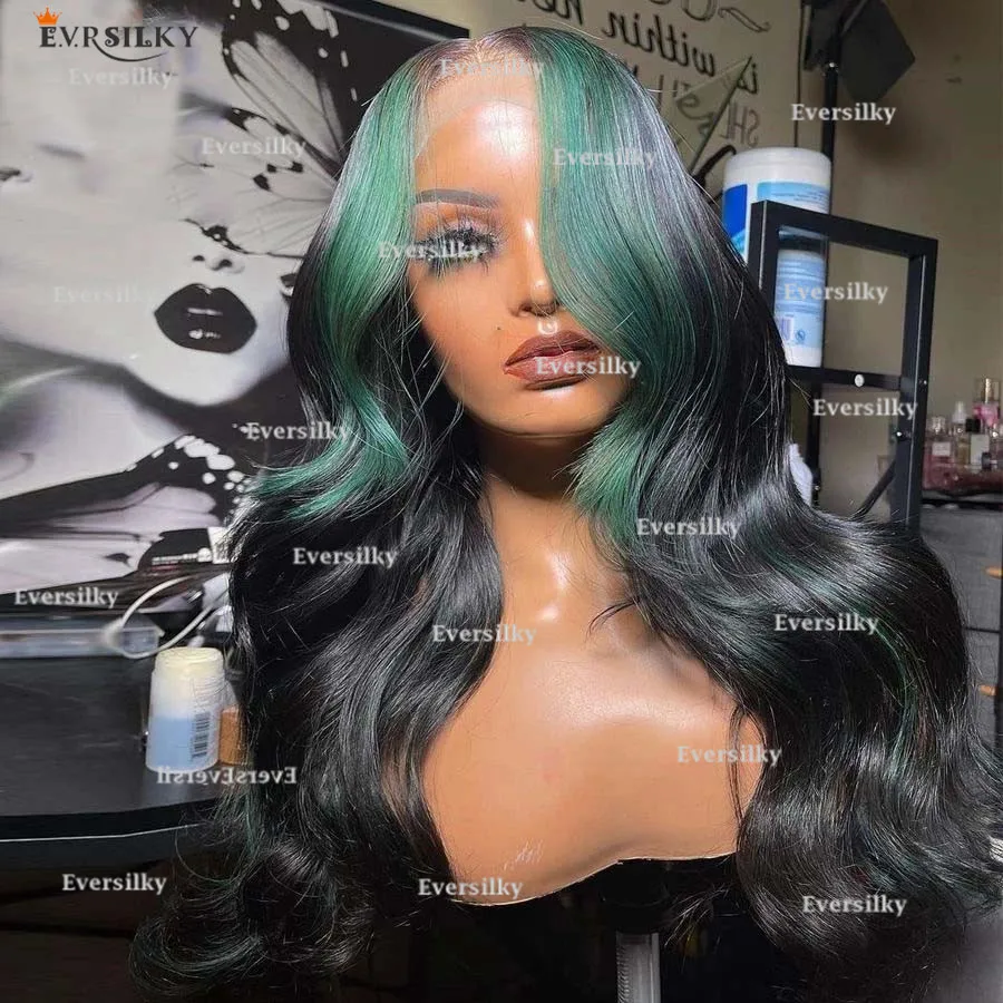 Highlights Green Black glueless human hair ready to wear 13 x 6 breathable front lace wig High density Lace wig 360 HD Lace wig