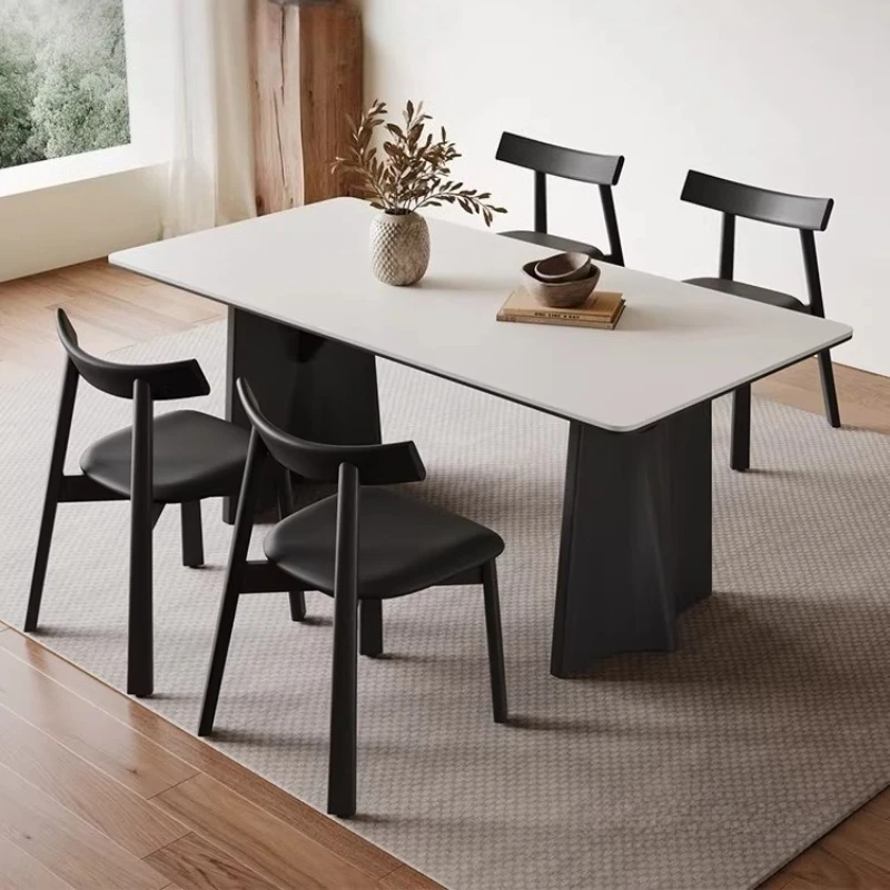 Black Solid Wood Dining Table Rectangular Minimalist Modern Designer Retro Matte Pure White Rock Slab Dining Table Furniture