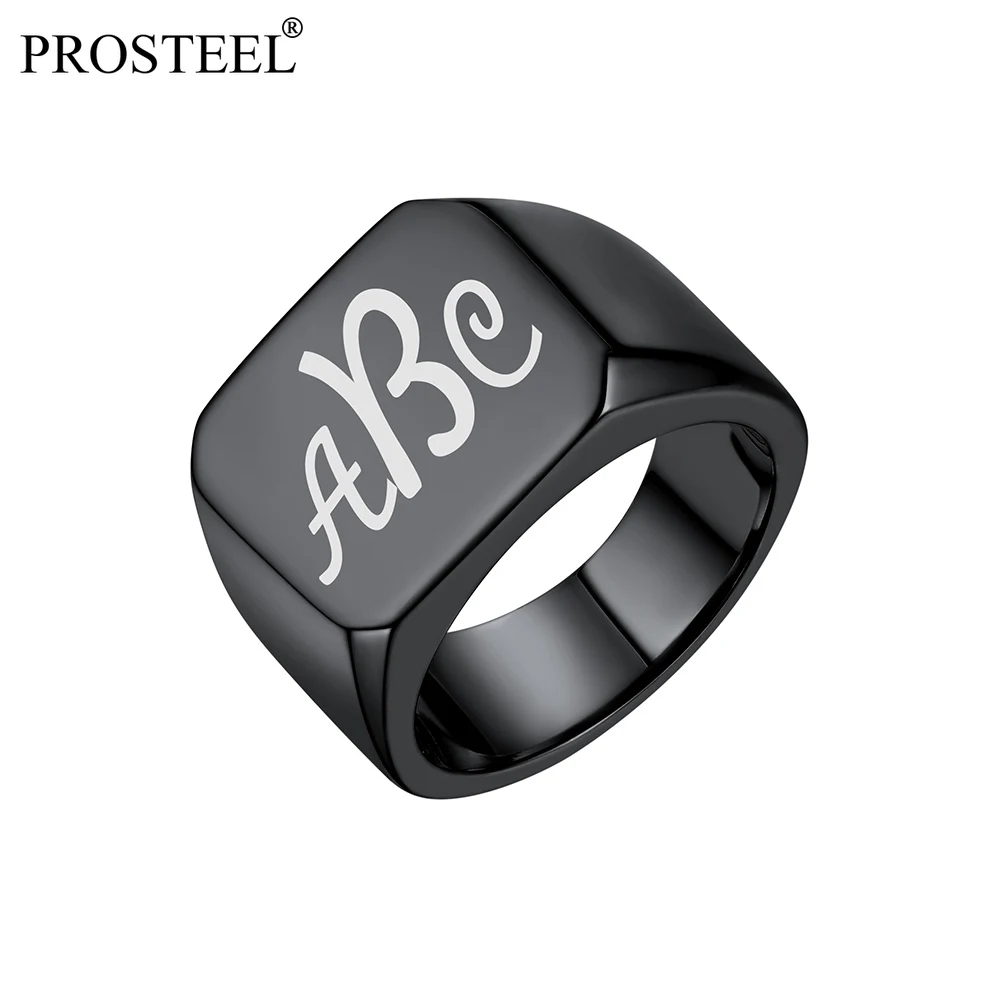 PROSTEEL Chunky Signet Ring Women Monogram Engraved Rapper Hip Hop Mens Pinky Gold/Black/Silver Color Rings,Size 7-12