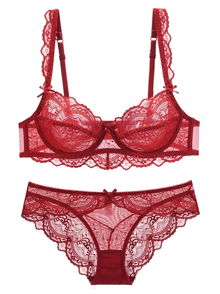 YUQI French white lace pull-up Full Bust bra Set, ultra-thin large-sized underwear, women's transparent mesh big chest sexy bra