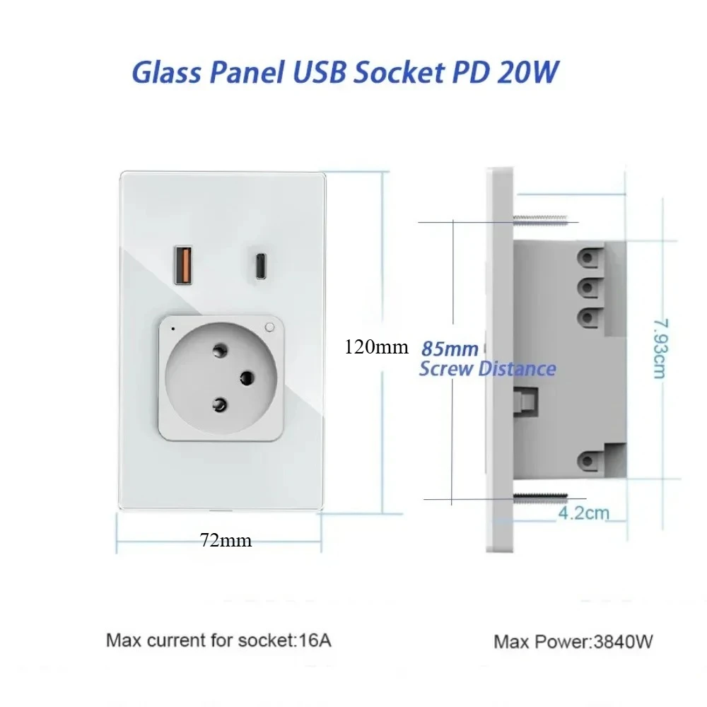 Adea Wifi Tuya Wall Socket Usb Type-c Pd 20w Charge Smart Plug Israel Outlet Glass Panel Remote Control By Alexa Google Ho