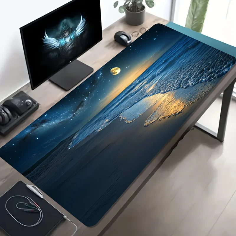 1pc Large Esports Gaming Mouse Pad, Moonlit Beach Starry Sky Seascape Pattern, Non-Slip Washable Rbber Base