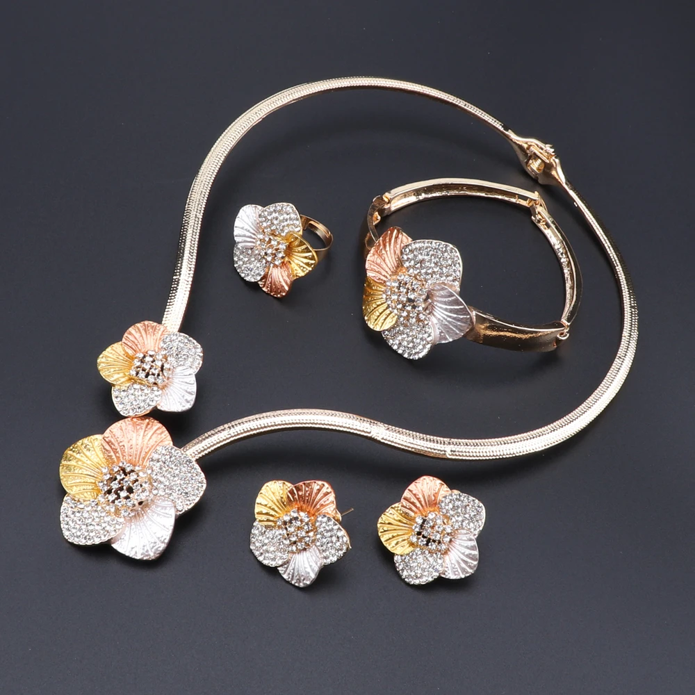 CYNTHIA Dubai Gold Color Jewelry Sets For Women Flower Shape Necklace Earrings Bracelet Nigerian Bridal Wedding Party Jewelry