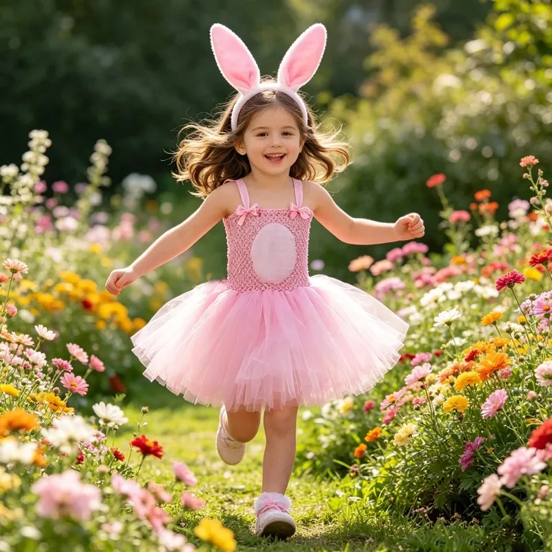 Pink Bunny Girls' Performance Costume, Bunny Ballet Tutu with Ears, Bow Tie and Tail, Stage Performance Dress for Children's Day